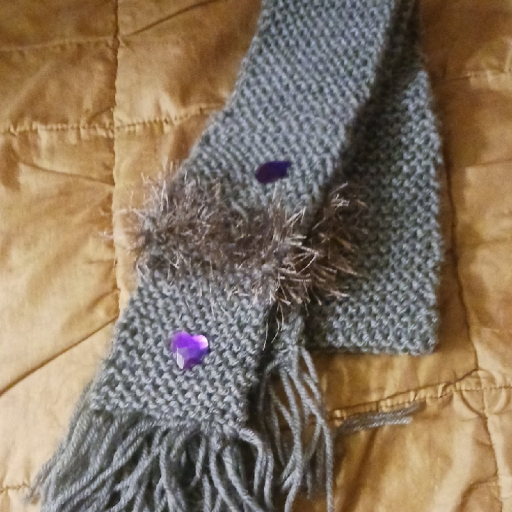 Gray Knit Scarf with Purple Accents